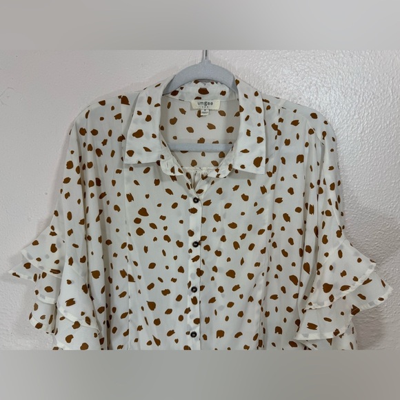 Umgee White & Tan Dalmatian Animal Print Button Front Top Women’s Size Medium - Picture 2 of 10